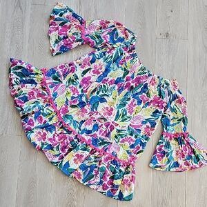 True Destinations Floral Print Bell Sleeve Pom Pom Trim Swim Coverup, XL